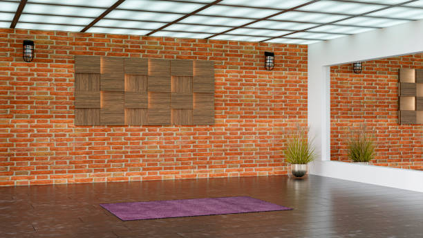 istock 3d rendered image of an empty exercise room with large wall mirror. 1405375094