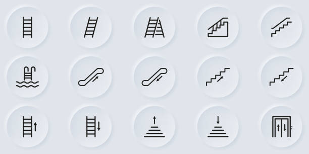 set von treppen linie symbol. steigen sie auf oder gehen sie auf stufen hinunter. treppe lineares piktogramm. leiter, aufzug, treppe, rolltreppe, pooltreppe umriss symbol. isolierte vektorillustration - escalator staircase steps moving up stock-grafiken, -clipart, -cartoons und -symbole