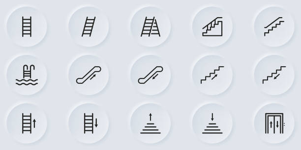 ilustraciones, imágenes clip art, dibujos animados e iconos de stock de conjunto de iconos de línea de escaleras. sube o baja en escalones. escaleras pictograma lineal. escalera, ascensor, escalera, escalera mecánica, icono de contorno de escalera de piscina. ilustración vectorial aislada - escalator steps staircase following