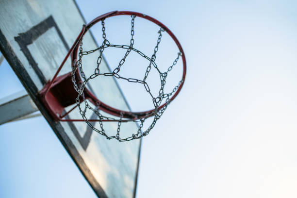 istock Basketball hoop with a metallic chain net 1405377313