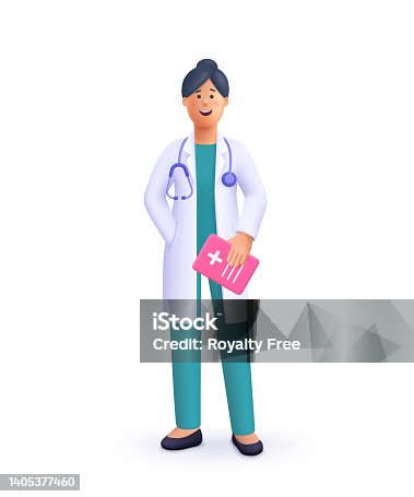 istock Smiling woman doctor holding clipboard,  wearing uniform and stethoscope. Healthcare and medicine concept. 3d vector people character illustration. Cartoon minimal style. 1405377460