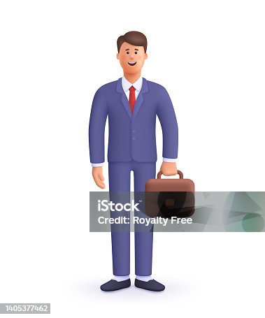 istock Smiling businessman in suit holding briefcase. Leader success, management concept. 3d vector people character illustration. Cartoon minimal style. 1405377462