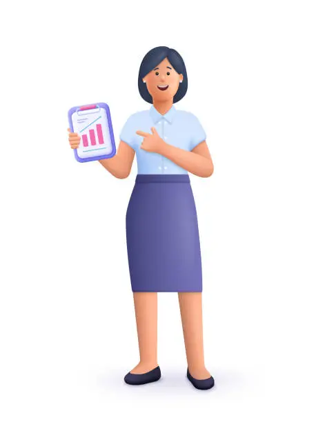 Vector illustration of Young smiling business woman or office worker stands and holds work documents folder. 3d vector people character illustration. Cartoon minimal style.