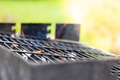 Burning firewood in round barbecue grill against background of green foliage. Preparing grill for cooking.