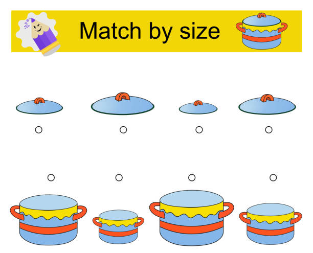 zadanie dla rozwoju logicznego my�ślenia. aktywność dla dzieci i małych dzieci przed szłyżwem. dopasuj pokrywkę garnka według rozmiaru. ilustracja wektorowa - 6 7 years illustrations stock illustrations