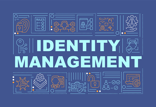 Identity management word concepts dark blue banner. Data security. Infographics with editable icons on color background. Isolated typography. Vector illustration with text. Arial-Black font used