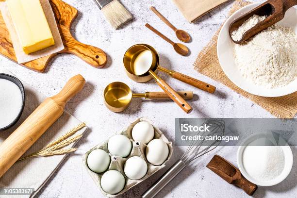 Bakery Items And Ingredients Background Stock Photo - Download Image Now - Baking, Ingredient, Cookie
