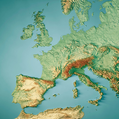 3D Render of a Topographic Map of Western Europe.\nAll source data is in the public domain.\nColor texture and Water: Made with Natural Earth. \nhttp://www.naturalearthdata.com/downloads/10m-raster-data/10m-cross-blend-hypso/\nhttp://www.naturalearthdata.com/downloads/10m-physical-vectors/\nRelief texture: GMTED 2010 data courtesy of USGS. URL of source image:\nhttps://topotools.cr.usgs.gov/gmted_viewer/viewer.htm