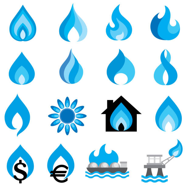 ilustrações de stock, clip art, desenhos animados e ícones de natural gas flames, production and usage icons - flame gas natural gas blue