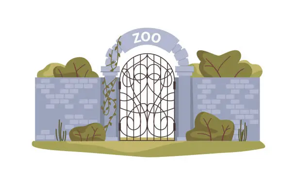 Vector illustration of Entrance gate to zoo, nature reserve conservation of exotic flora and fauna. Wall of bricks, arch with metal doors leading to zoological garden. Flat cartoon, vector illustration