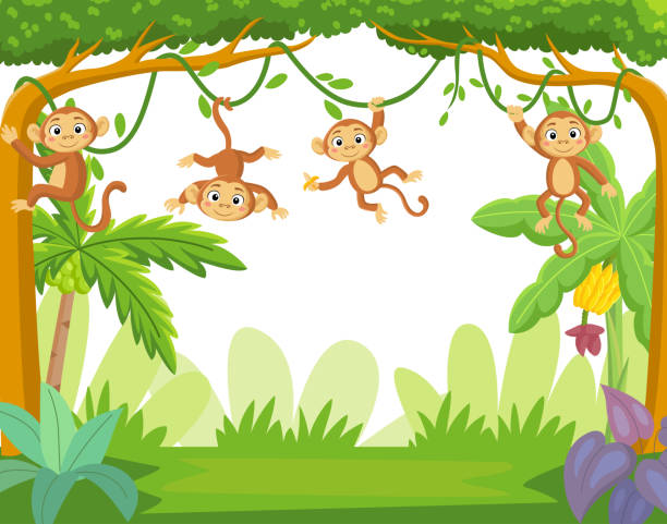 ilustrações de stock, clip art, desenhos animados e ícones de group of little monkey hanging on tree branch - monkey