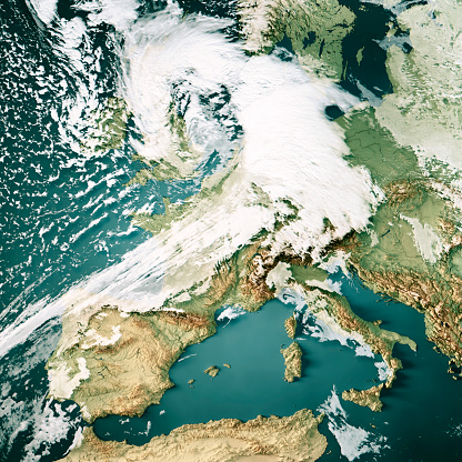 3D Render of a Topographic Map of Western Europe with the clouds from February 18, 2022. Intense Storm Eunice (german name Storm Zeynep, danish name Storm Nora). \nAll source data is in the public domain.\nCloud texture: VIIRS courtesy of NASA.\nhttps://neo.gsfc.nasa.gov/view.php?datasetId=VIIRS_543D\nColor texture and Water: Made with Natural Earth. \nhttp://www.naturalearthdata.com/downloads/10m-raster-data/10m-cross-blend-hypso/\nhttp://www.naturalearthdata.com/downloads/10m-physical-vectors/\nRelief texture: GMTED 2010 data courtesy of USGS. URL of source image:\nhttps://topotools.cr.usgs.gov/gmted_viewer/viewer.htm
