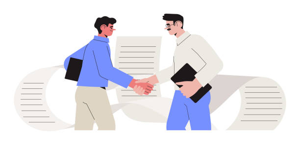 ilustrações de stock, clip art, desenhos animados e ícones de businessman sign contract. user agreement or signing paper and digital contract concept. entrepreneurs making deal. concept of agreement conclusion, business partnership, documentary coherence. - coherence