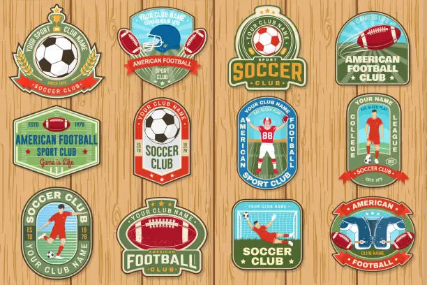 Vector illustration of Set of american football and soccer club embroidery patch. Vector for shirt, logo, print, stamp, sticker. Vintage design with soccer, american football sportsman player, helmet, ball and shoulder pads silhouette.