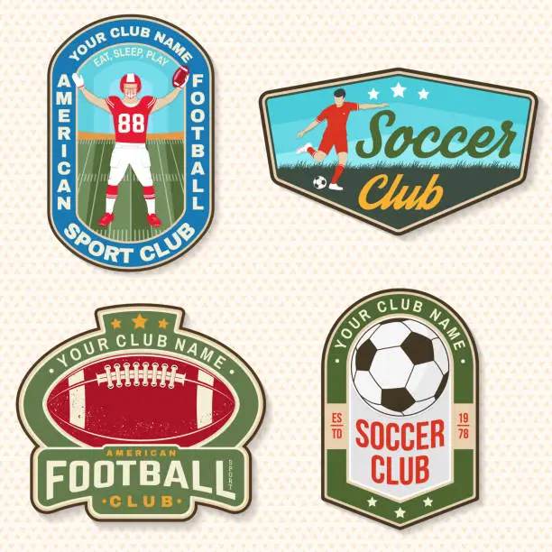 Vector illustration of Set of american football and soccer club embroidery patch. Vector for shirt, logo, print, stamp, sticker. Vintage design with soccer, american football sportsman player, helmet, ball and shoulder pads silhouette.