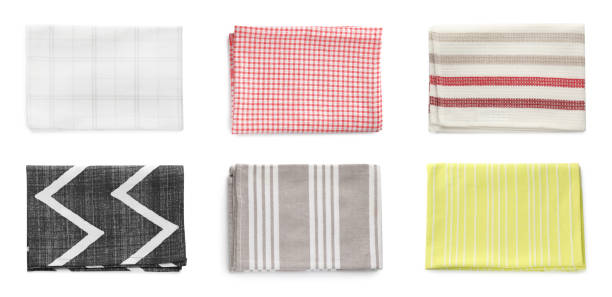 istock Set with different clean kitchen towels on white background, top view. Banner design 1405387809