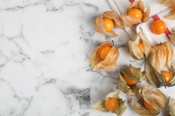 istock Ripe physalis fruits with dry husk on white marble table, flat lay. Space for text 1405387903