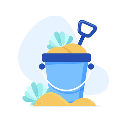 Blue sand bucket, shovel and seashell on white background. Flat design style.