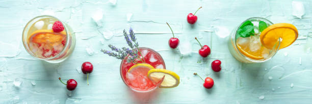 sommercocktails oder mocktails, kalte getränke mit zitrusfrüchten und lavendel - glass ice tonic water frozen stock-fotos und bilder