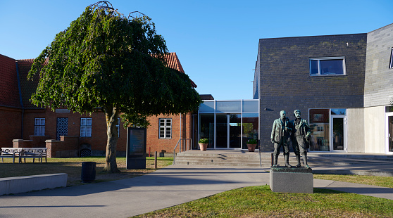 Multi coloured school building in Espoo, with no people.