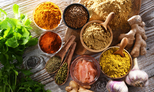 Composition with assortment of spices and herbs Composition with assortment of spices and herbs. cayenne powder stock pictures, royalty-free photos & images