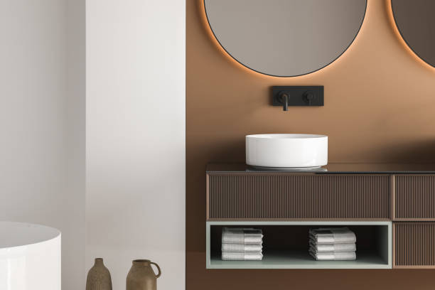 istock Close up modern countertop design with  white double ceramic sink 1405392967