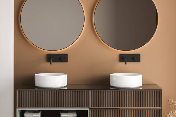 istock Close up modern countertop design with  white double ceramic sinks 1405393038