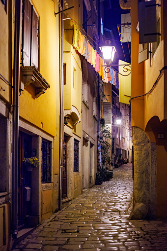 Empty cobblestone paved narrow street with old houses at night, illuminated with lanterns in Rovinj