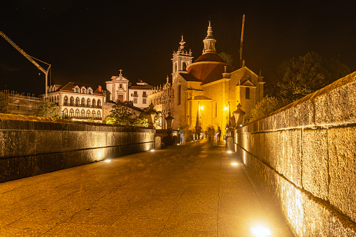 view of Amarante historic city in Portugal with the St. Goncalo church on Tamega River and Sao Goncalo bidge