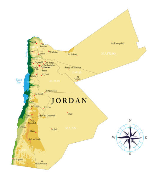 bardzo szczegółowa mapa fizyczna jordanii - petra stock illustrations