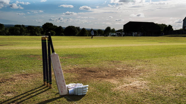 istock Cricket bat,  gloves and stumps on pitch 1405394856
