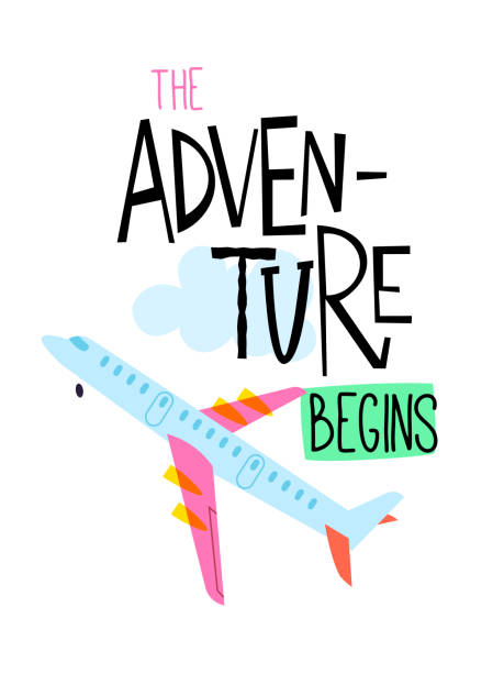 istock Cartoon image with slogan. Airplane starts off adventure begins. 1405394916