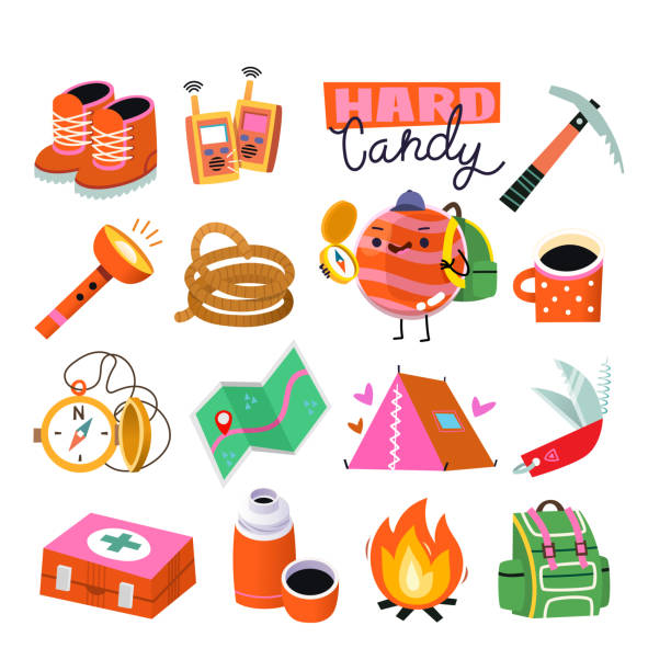 Collection of cute icons and stickers for hiking camping and representing adventure for poster and card designs. Collection of cute icons and stickers for hiking camping and representing adventure for poster and card designs. Funny images for prints, decoration and web. Isolated vector images satellite phone stock illustrations