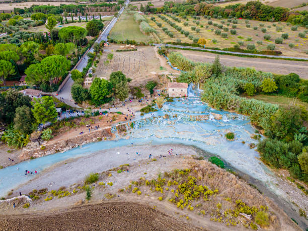 Terme di Saturnia - Tuscany High angle view of the Terme di Saturnia, a group of springs with sulphurous water thermal pool stock pictures, royalty-free photos & images