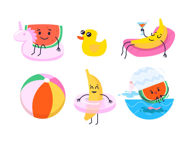 ilustrações de stock, clip art, desenhos animados e ícones de collection of characters and images related to pool and beach fun. - swimming pool party summer beach ball