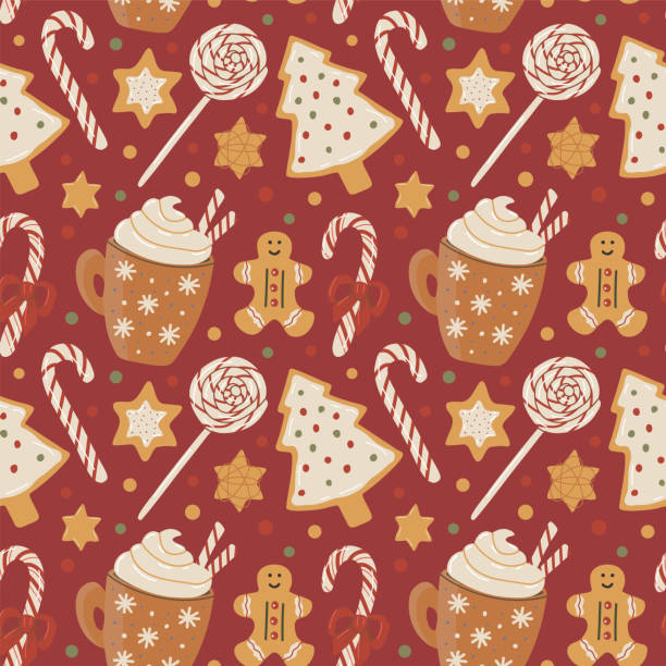 Vector seamless pattern with Christmas mug, Christmas pastries and Christmas candy. Christmas. Color image. The print is used for Wallpaper design, fabric, textile, packaging. Vector seamless pattern with Christmas mug, Christmas pastries and Christmas candy. Christmas. Color image. The print is used for Wallpaper design, fabric, textile, packaging. christmas cookies pattern stock illustrations