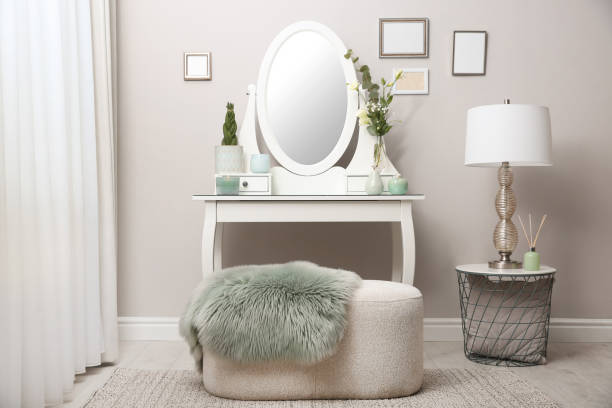 istock White dressing table with decor near beige wall in room 1405396471