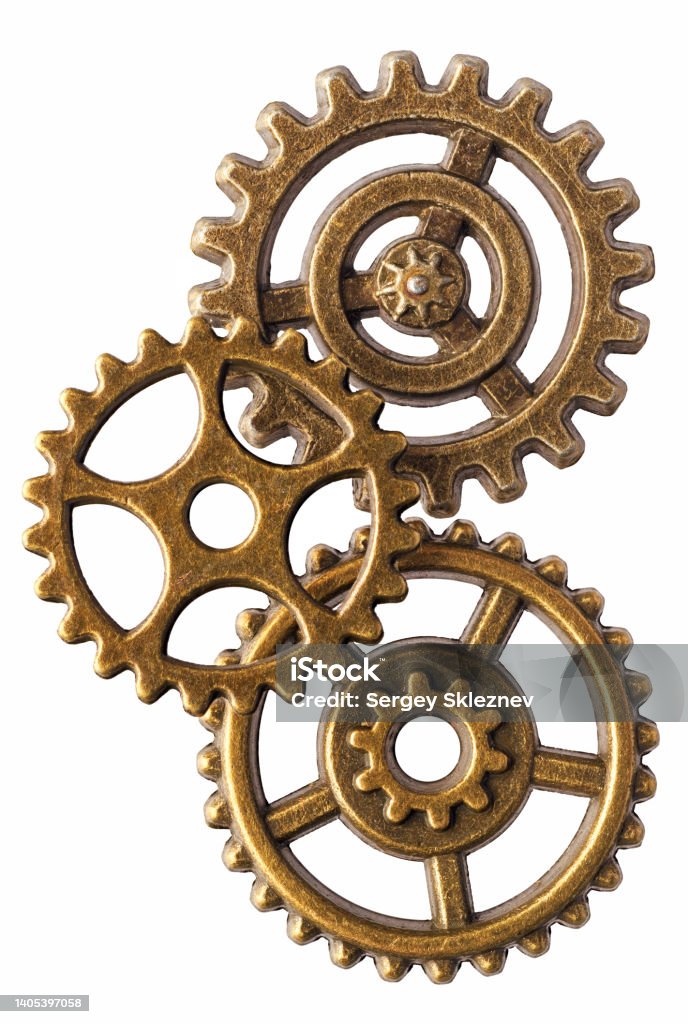 Group of bronze cogwheels Group of three bronze cogwheels, isolated on white background Gear - Mechanism Stock Photo