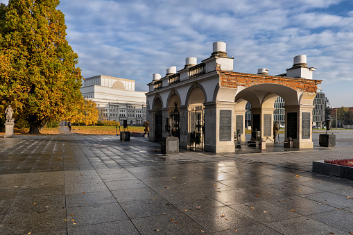 Warsaw, Poland - October 27, 2021: Tomb of the Unknown Soldier on Pilsudski Square, last surviving part of the Saxon Palace.
