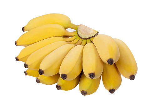 Three yellow bananas isolated on a white background.