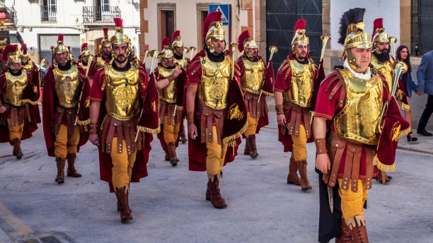 Roman legion during Holy Week Ubeda; Jaen, Spain. 0414/2022. Roman legion parading through the streets of Úbeda during the Holy Week processions. jaen stock pictures, royalty-free photos & images