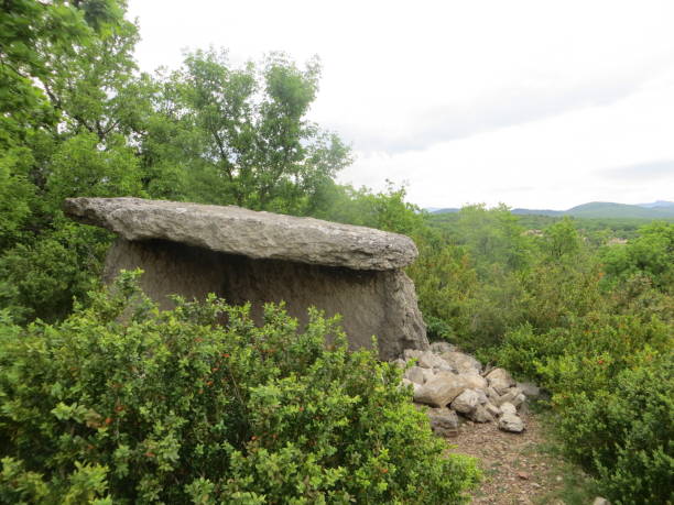 dolmen neolítico mias, lussas, francia. edad de bronce. - dolmen stone grave ancient fotografías e imágenes de stock