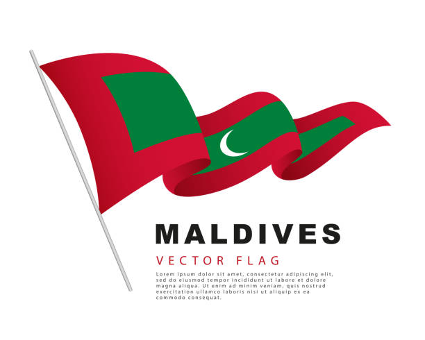 モルディブの国旗が旗竿に掛かり、風になびく。白い背景に分離されたベクターイラストレーション。 - maldivian flag点のイラスト素材／クリップアート素材／マンガ素材／アイコン素材