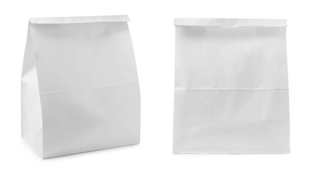 sacos de papel fechados em fundo branco, colagem - green consumerism bag paper bag - fotografias e filmes do acervo