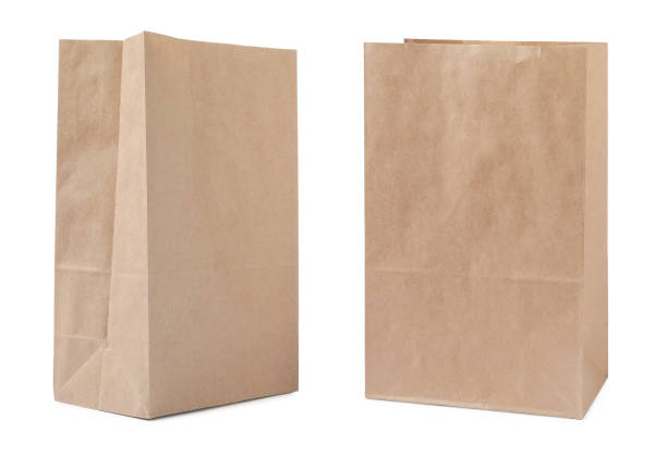 Open kraft paper bags on white background, collage