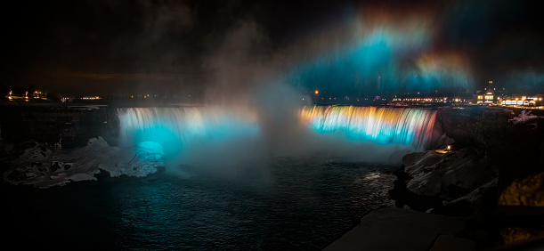 Niagara Falls, Ontario, Canada - March 8, 2022: Illuminated Horseshoe Falls in winter