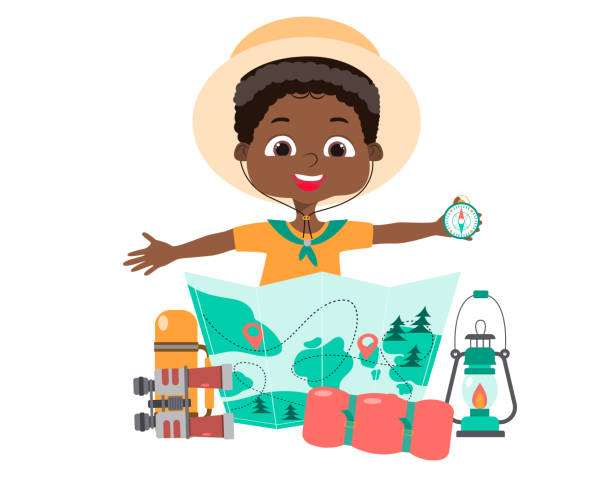 ilustrações de stock, clip art, desenhos animados e ícones de happy cute little kid boy  with scout equipment. african american girl scout. - education childhood school drawing compass