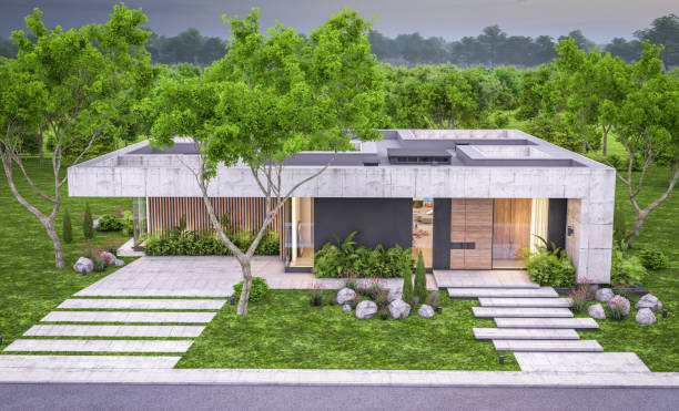 istock 3d rendering of new concrete house in modern style in evening 1405403265