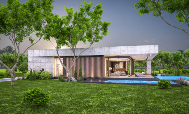 istock 3d rendering of new concrete house in modern style in evening 1405403271