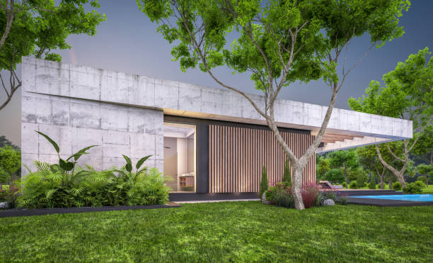 istock 3d rendering of new concrete house in modern style in evening 1405403285